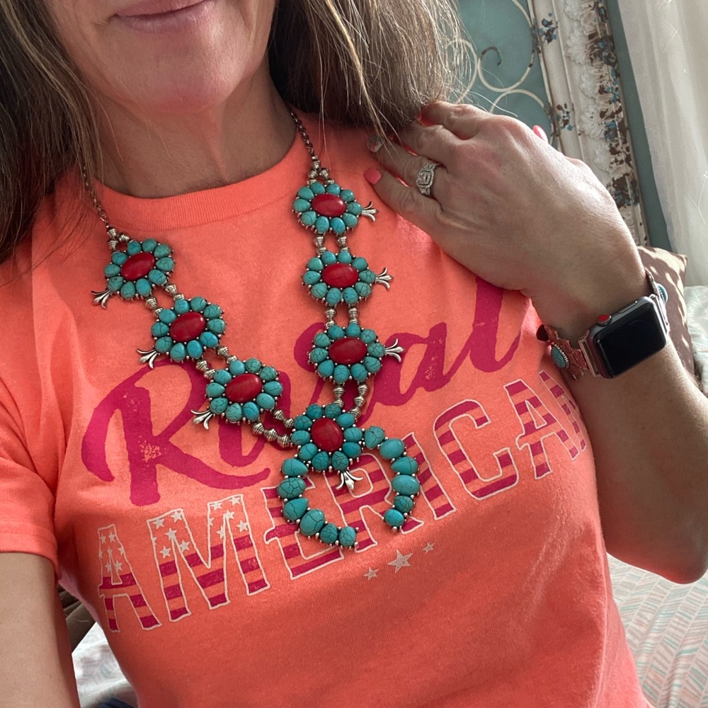 Faux Turquoise and Coral Necklace Earrings Set